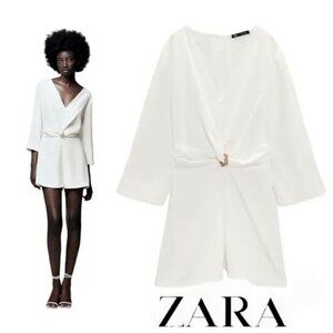 (60% OFF) NWT Zara Jumpsuit Gold Jewel Trim Oyster 3/4 Sleeve Small